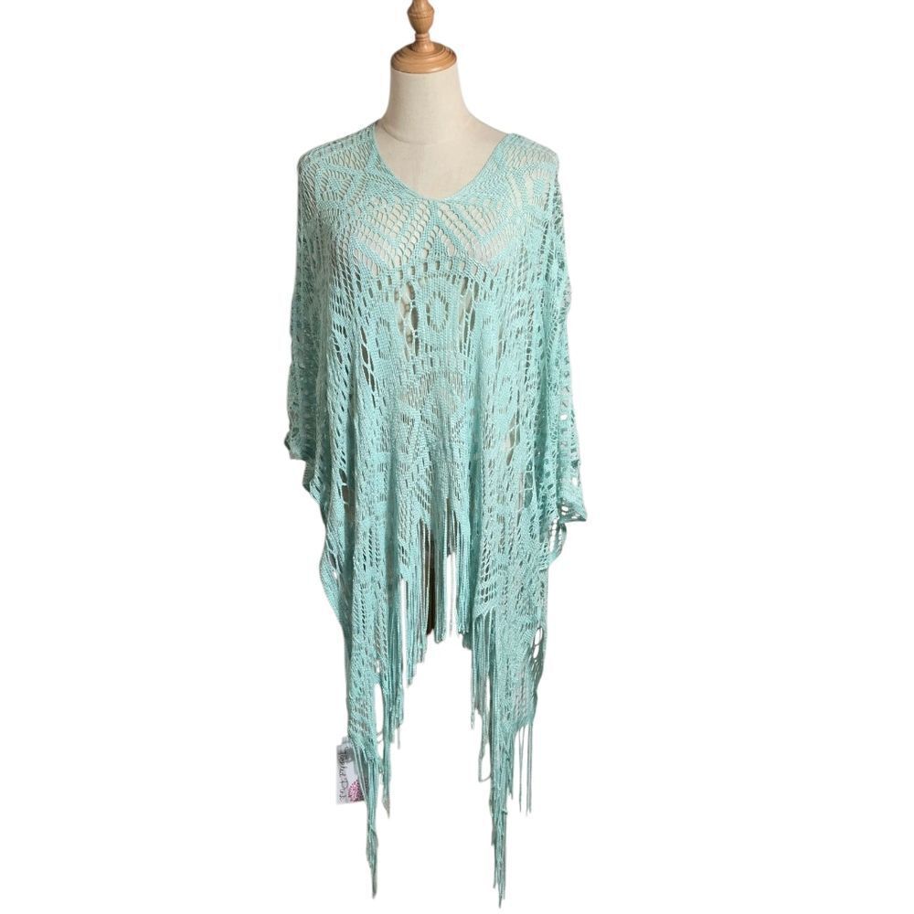 Light Aqua Crochet Fringe Wrap Poncho - Women's Scarf & Wrap